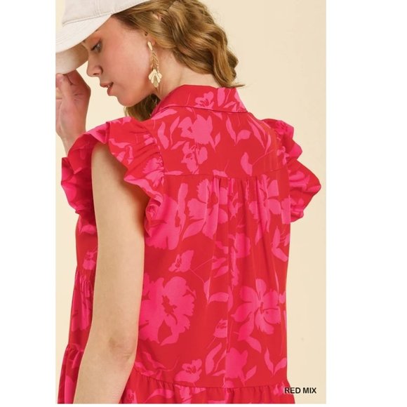 Floral Red Dress - Collar - Short Ruffled Sleeves - Tiered - Plus Size Dresses - Picture 6 of 7